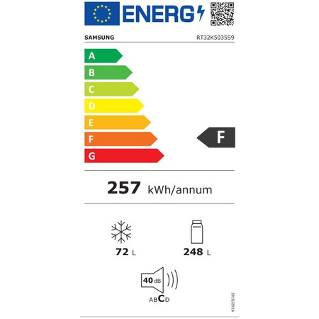 Frigider cu doua usi Samsung RT32K5035S9/EO, 321 l, Clasa F, No frost, Twin Cooling, Compresor Digital Inverter, Display intern, Iluminare LED, H 171.5, Inox