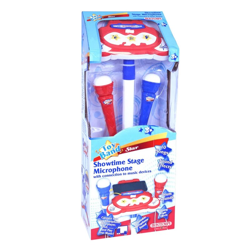 Set scena cu doua microfoane, 10 melodii demo,efecte sonore, sunete de percutie, ATS, pentru copii, Baza este reglabila la 53-89 cm