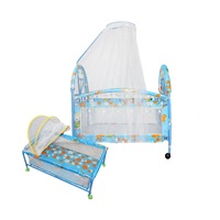 Patut copii cu baldachin NOVOKIDS™ Baldaquin Baby , 2 piese, dimensiuni 120X80X60 cm, cu roti , 2 niveluri, salteluta inclusa, cadru metalic, cosulet bebe inclus, Albastru