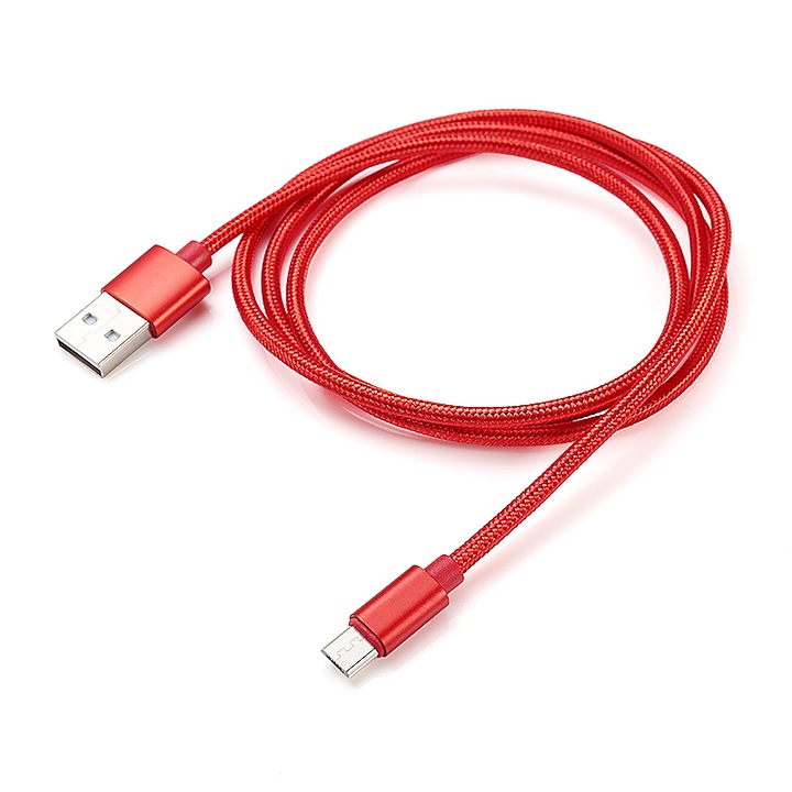 Micro USB csatlakozó adat/töltő kábel, 1m hosszú, textil, piros, BBL1242