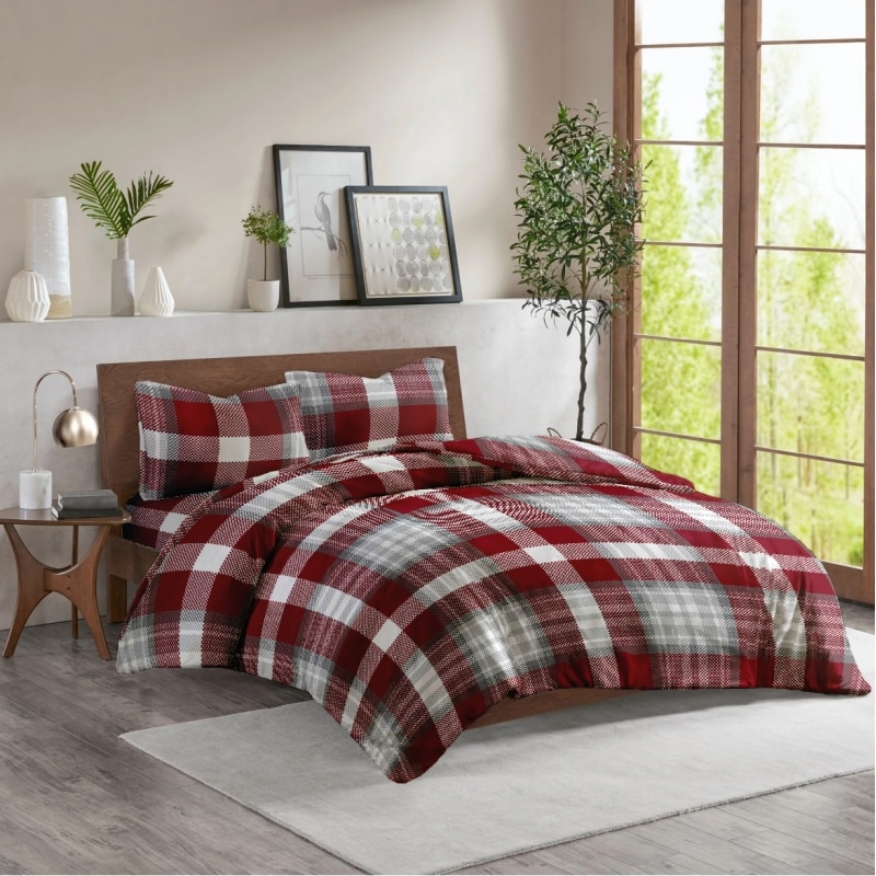 Lenjerie de pat Scottish Red 180x215 / 50x70, bumbac 100%, tesatura creponata, pentru pat 2 persoane, 4 piese