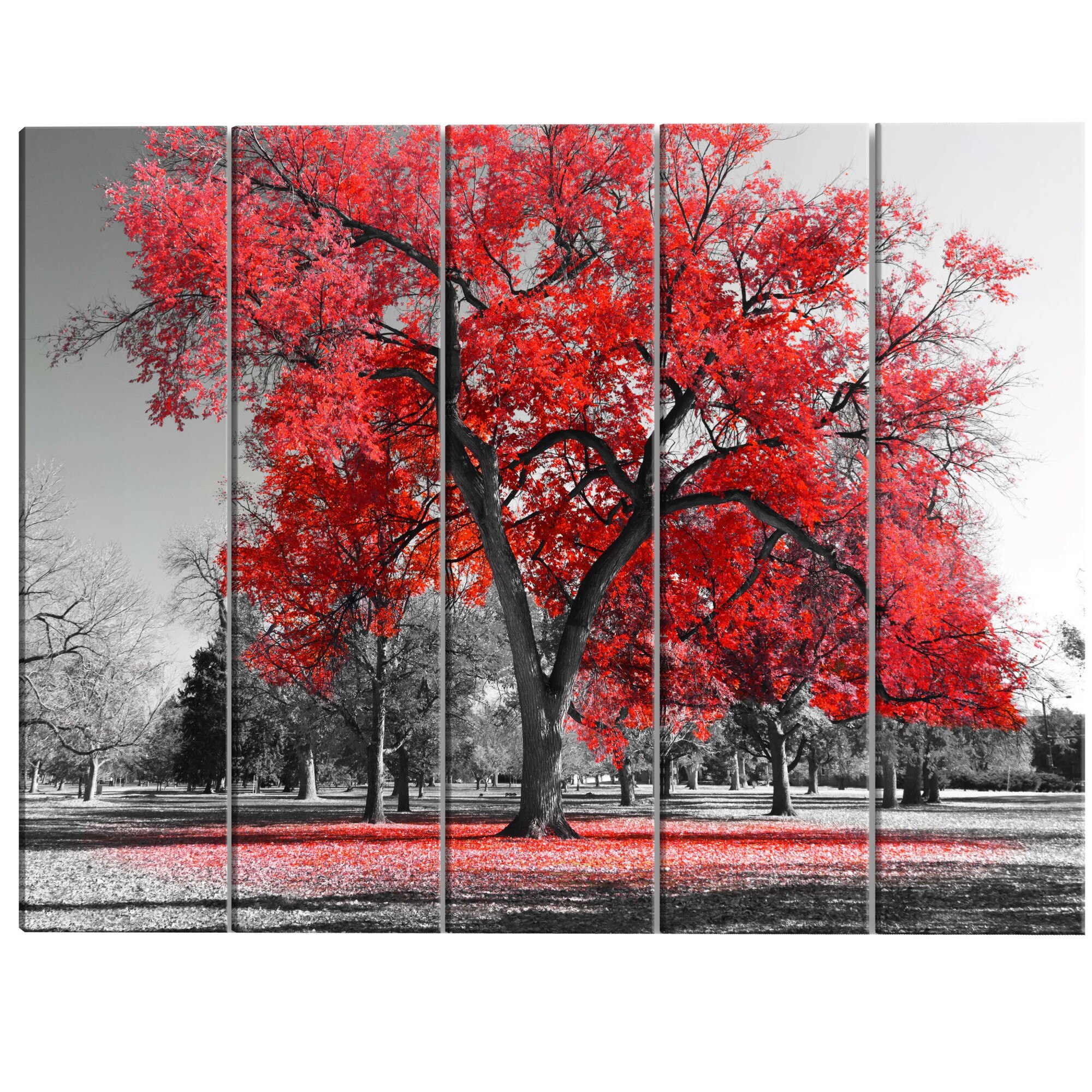 Tablou canvas 5 piese - Toamna in parc rosu ingust - 225 x 90 cm