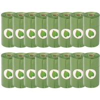 Saci igienici pentru catei cu suport, 100% Biodegradabili si Compostabili, Brown Dog, 16 role, 15 buc/rola, 23x33 cm, Verde