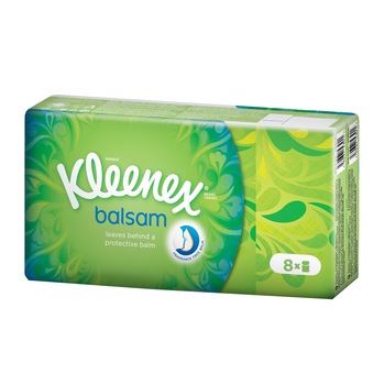 Batiste igienice uscate Kleenex Balsam, 8 pachete cu 9 batiste Batiste igienice uscate Kleenex Balsam, 8 pachete cu 9 batiste