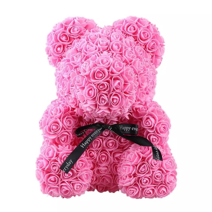 Decos Rose Bear maci rózsa csokor, kézzel díszítve, dobozzal, 25 cm magas, rózsaszín