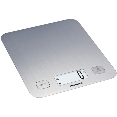 Cantar de bucatarie Heinner HKS-5IX, 5 Kg, 1 g, tara, functie cantarire lichide, display LCD, Inox