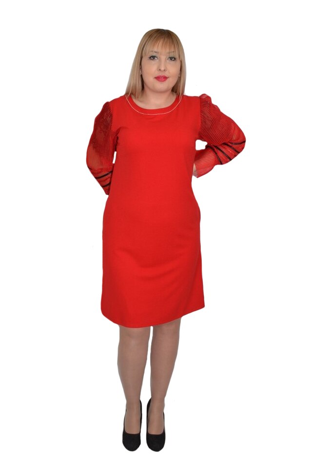 Rochie Afa cu maneci plisate din voal si insertii de dantela,D&J Exclussive, Rosu