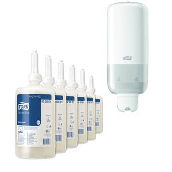 Pachet 6xSapun spray Tork Universal 620501, 1L, miros fresh, culoare transparent si Dozator sapun lichid si spray 560000, culoarea alb Pachet 6xSapun spray Tork Universal 620501, 1L, miros fresh, culoare transparent si Dozator sapun lichid si spray 560000, culoarea alb