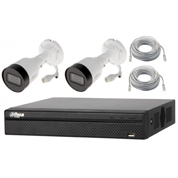 Sistem supraveghere profesional tehnologie IP 2 camere 2MP POE Dahua, NVR 4 canale, accesorii montaj
