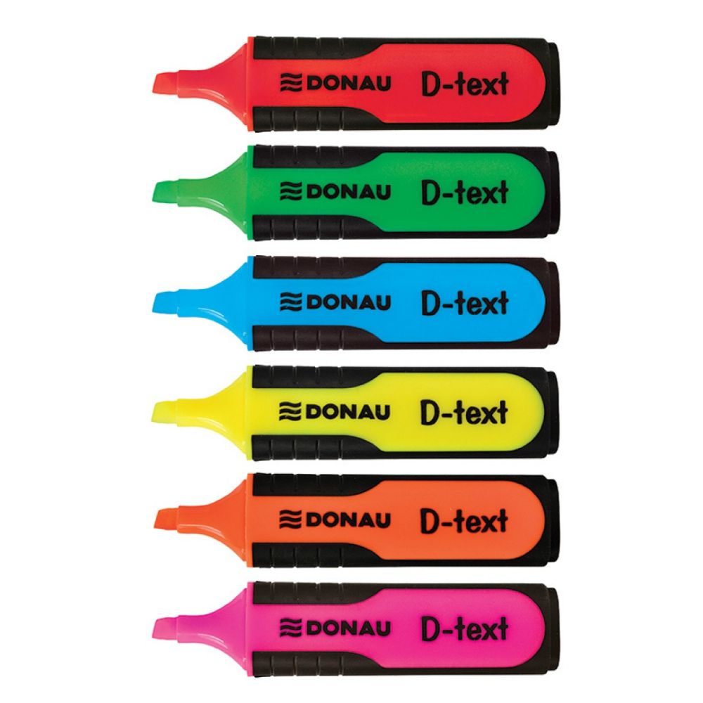 Set 6 Textmarkere DONAU D-text, Varf Tesit si Scriere de 1-5 mm, Corp cu Grip, Multicolor Fluorescent, Evidentiatoare