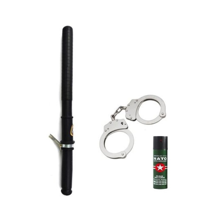 Pachet format din baston cauciuc tip tonfa, 48 cm, negru, catuse metalice, cu lant, husa din material textil si Spray Nato 60 ml BRT-022