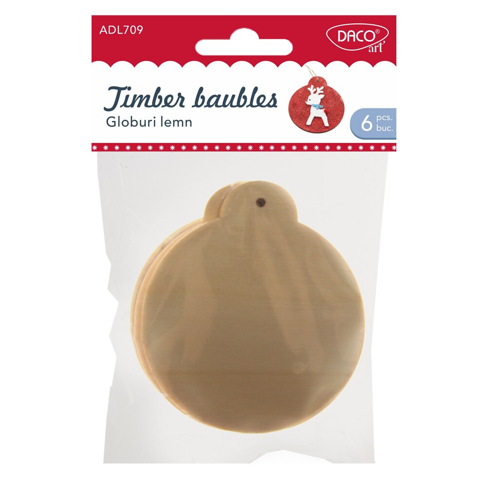 Globuri de Lemn DACO, 7.8 cm, 6 Buc/Set, Natur