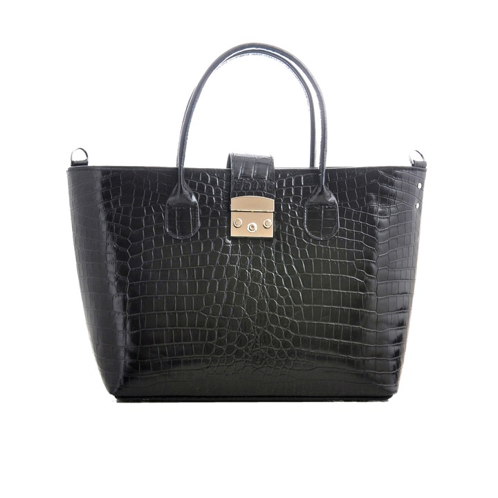 Poseta Diana, din piele cu textura croco, neagra