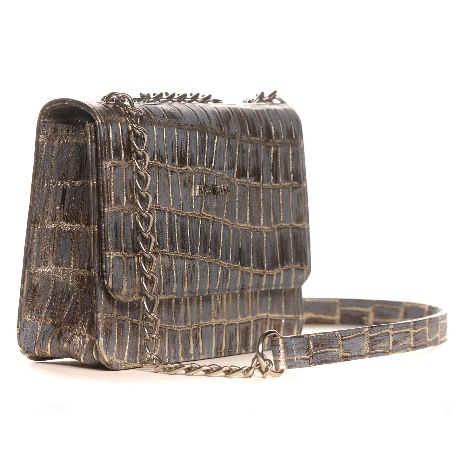 Geanta piele, Mabelle Print, argintiu, 17x22x7 cm