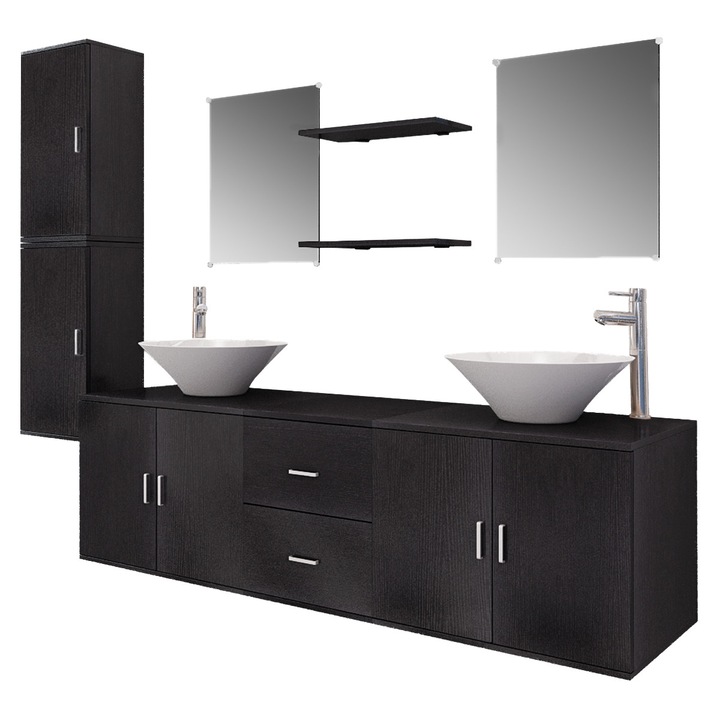 Set mobilier de baie, 11 piese cu 2 chiuvete si robinete incluse, vidaXL, PAL, 150 x 45 x 45 cm, Negru