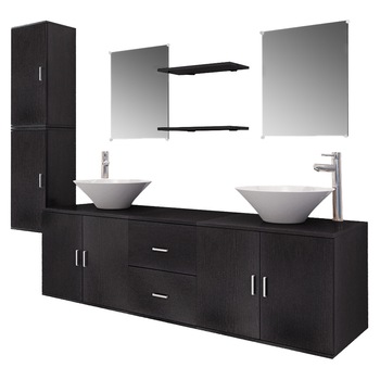 Set mobilier de baie, 11 piese cu 2 chiuvete si robinete incluse, vidaXL, PAL, 150 x 45 x 45 cm, Negru Set mobilier de baie, 11 piese cu 2 chiuvete si robinete incluse, vidaXL, PAL, 150 x 45 x 45 cm, Negru