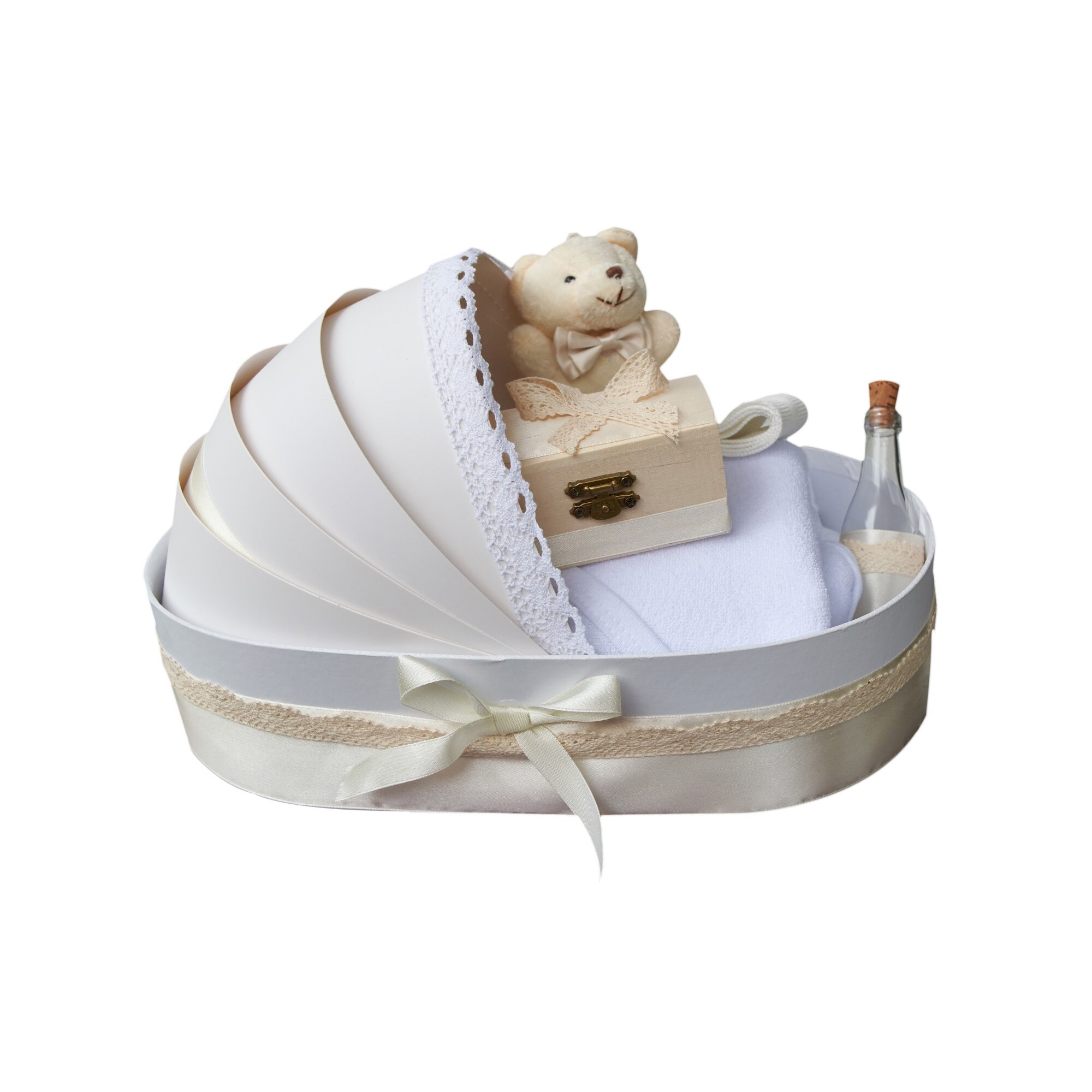 Trusou botez biserica complet culoare crem cu ursulet, 9 piese OD37