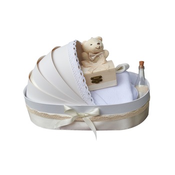 Trusou botez biserica complet culoare crem cu ursulet, 9 piese OD37 Trusou botez biserica complet culoare crem cu ursulet, 9 piese OD37