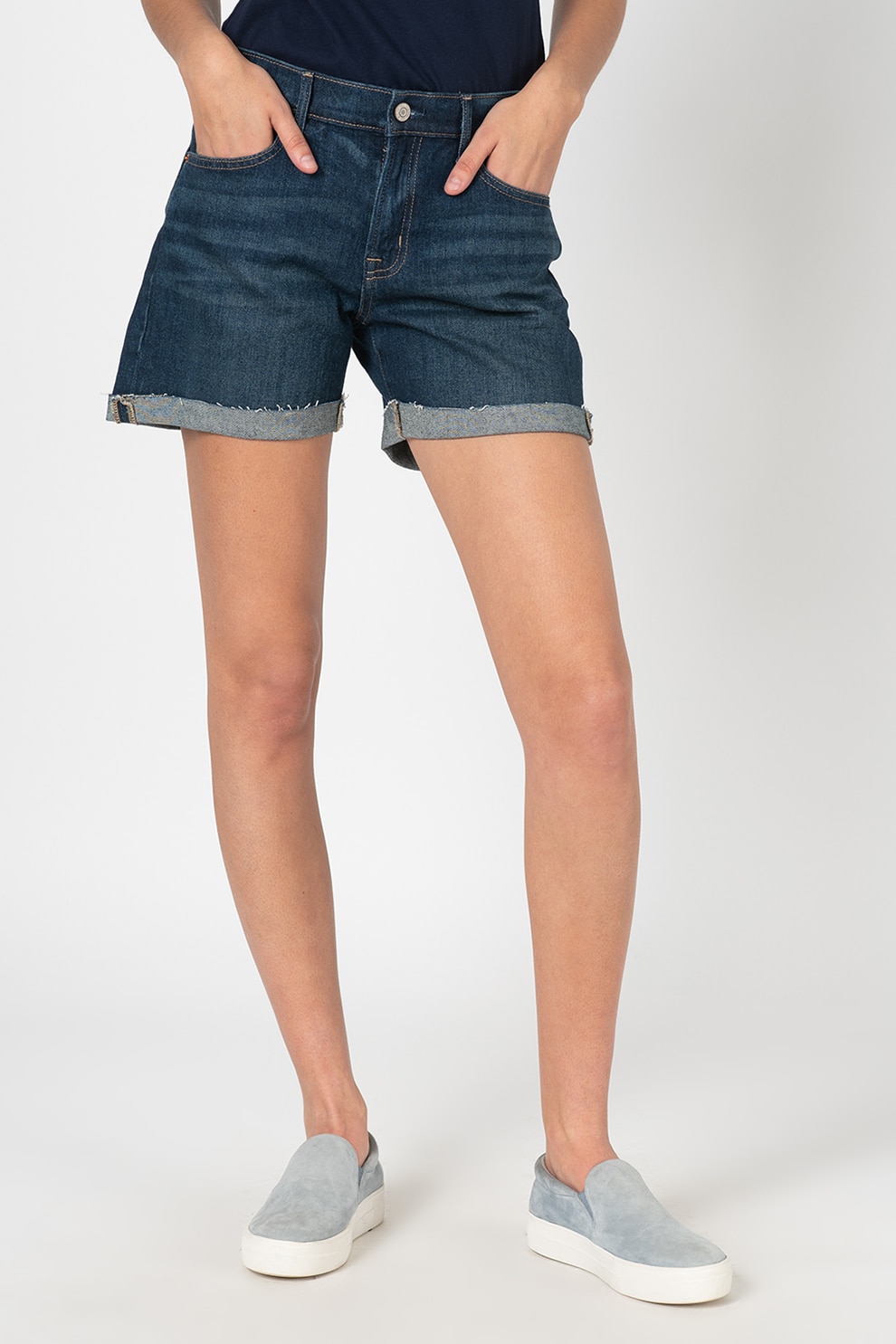 GAP, Blugi scurti cu croiala dreapta si terminatii nefinisate, Albastru marin, 26