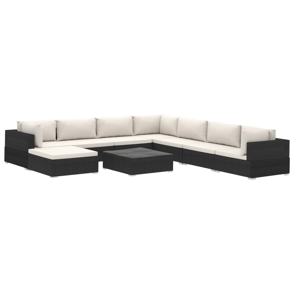 Set mobilier de gradina cu 9 piese cu perne vidaXL, Poliratan, 74 x 74 x 26 cm, Negru/Crem