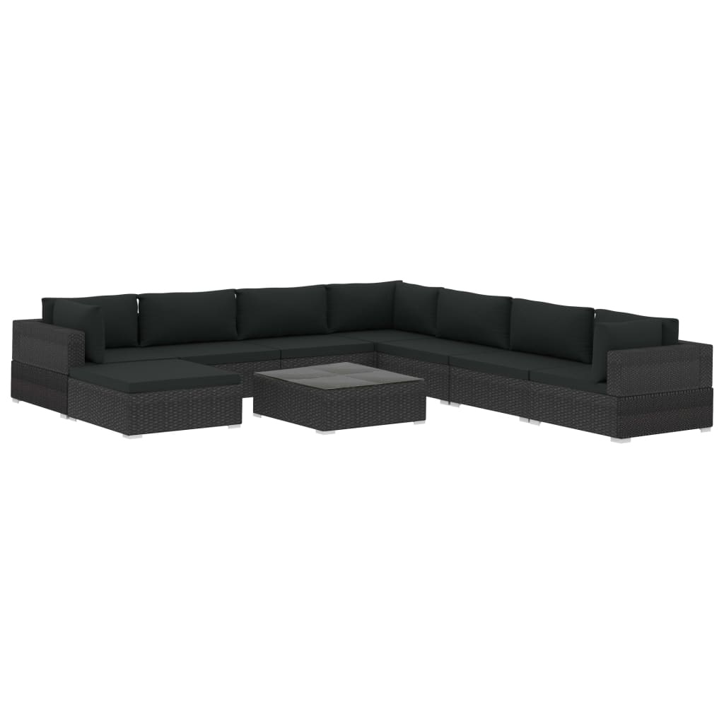 Set mobilier gradina 9 piese, vidaXL, Ratan, 70 x 70 x 52,5 cm, Negru