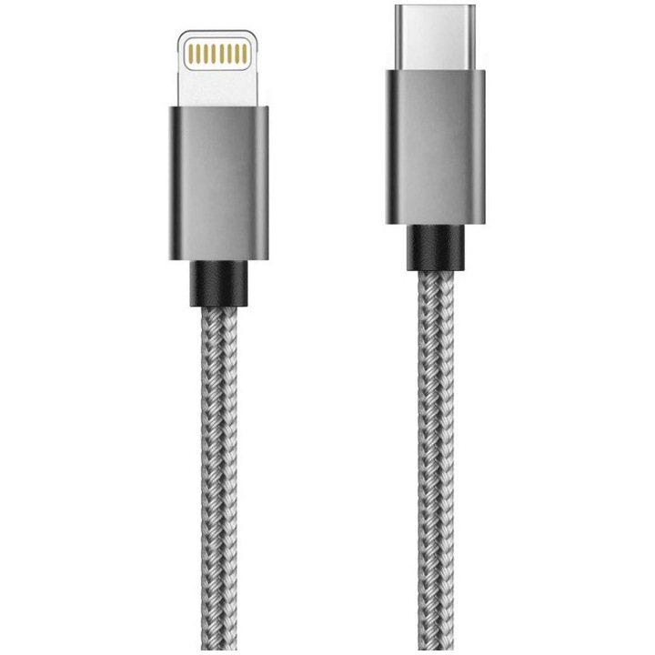 Lemontti Type-C to Lightning, Quick Charge, fonott nejlon, 1.5m, Szürke