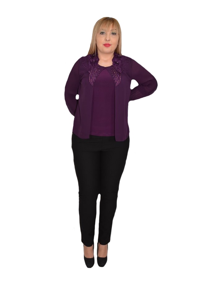 Bluza eleganta din voal cu applicati de margele si strasuri,D&J Exclussive, Mov