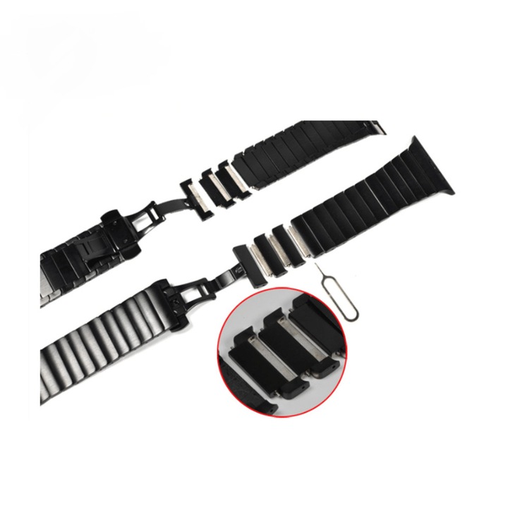 Curea Apple Watch 42/44 Series 1/2/3/4/5 cu zale metalice tip Link Bracelet, inox negru prindere Fluture