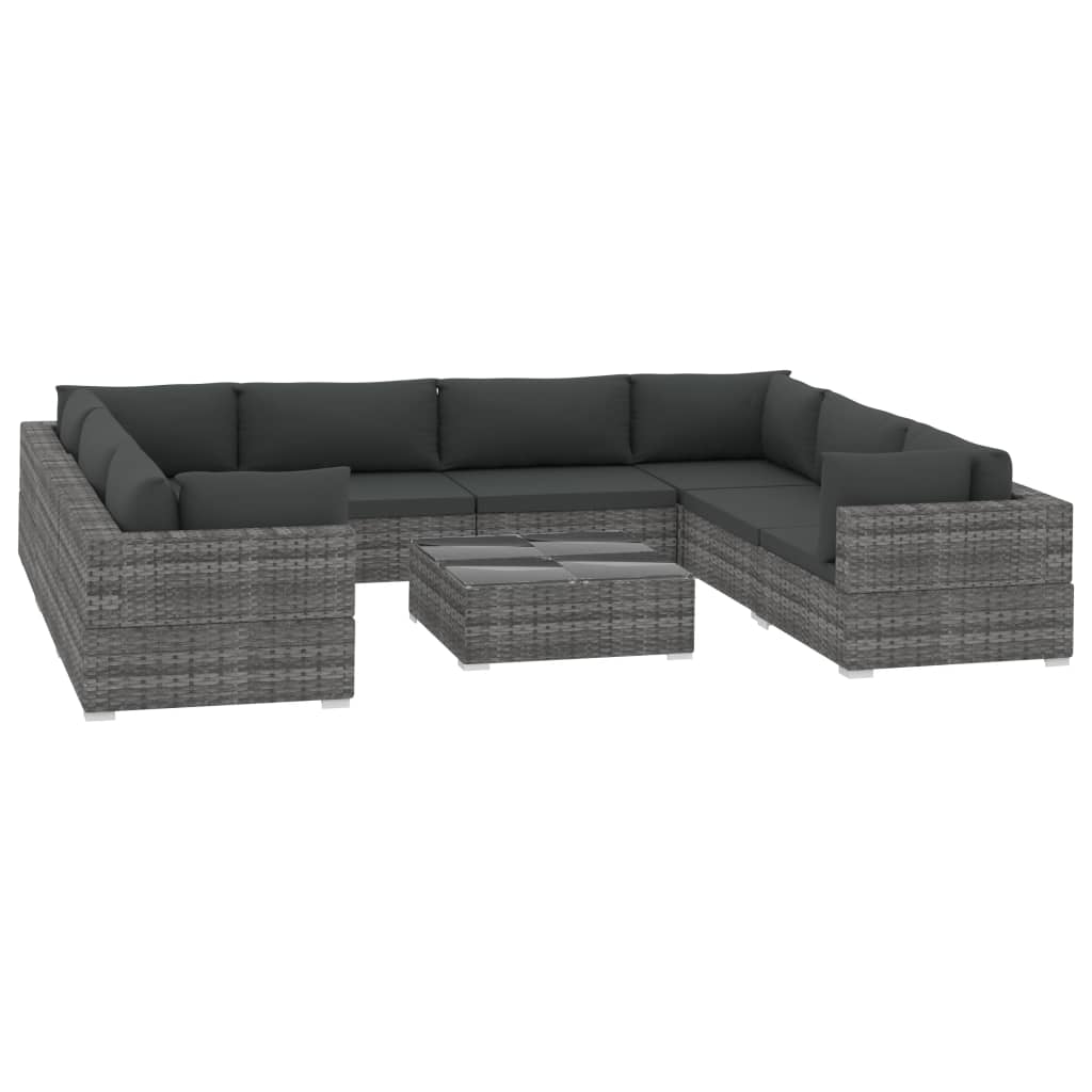 Set mobilier gradina 9 piese, vidaXL, Ratan/Sticla, 70 x 70 x 52,5 cm, Gri