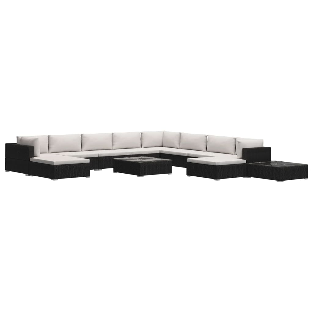 Set mobilier de gradina cu 12 piese cu perne vidaXL, Poliratan, 74 x 74 x 26 cm, Negru/Crem