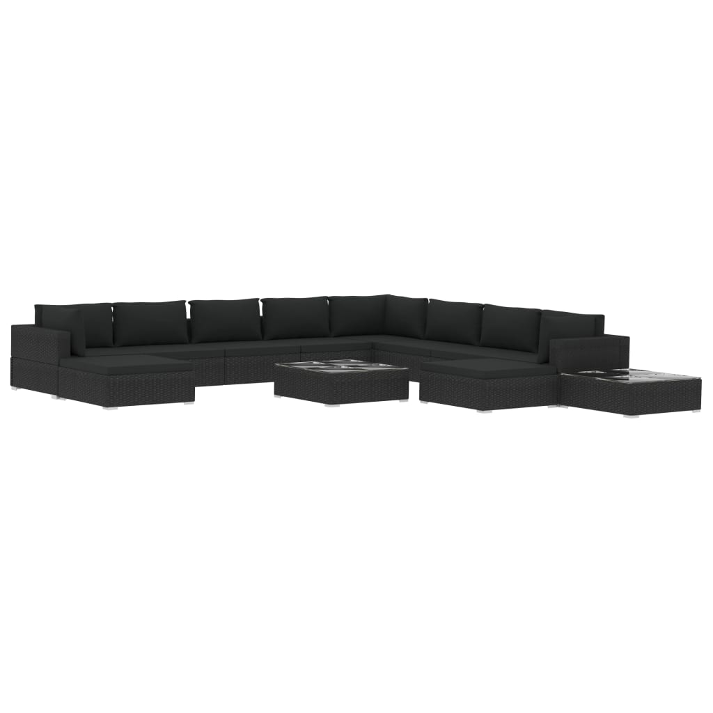 Set mobilier de gradina cu 12 piese cu perne vidaXL, Poliratan, 74 x 74 x 26 cm, Negru