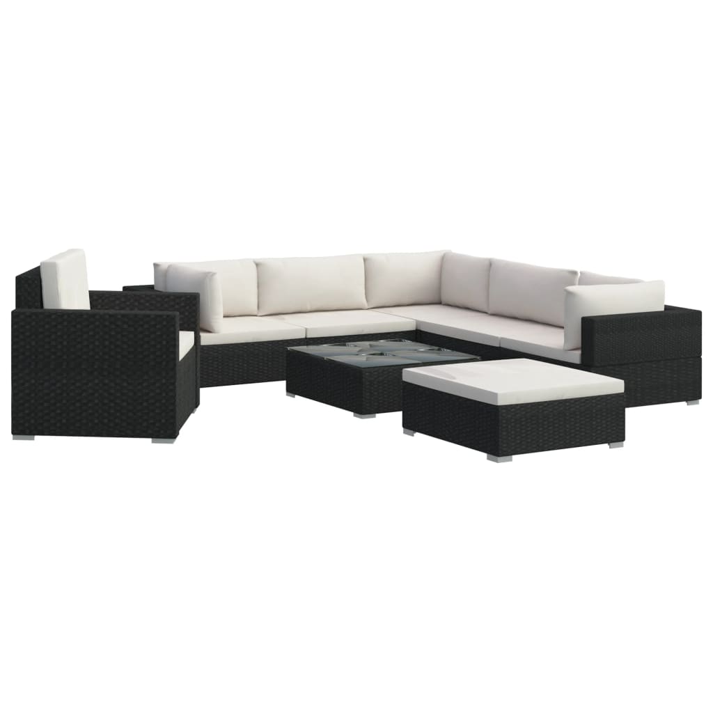Set mobilier gradina 8 piese, vidaXL, Ratan, 70 x 70 x 52,5 cm, Negru/Alb