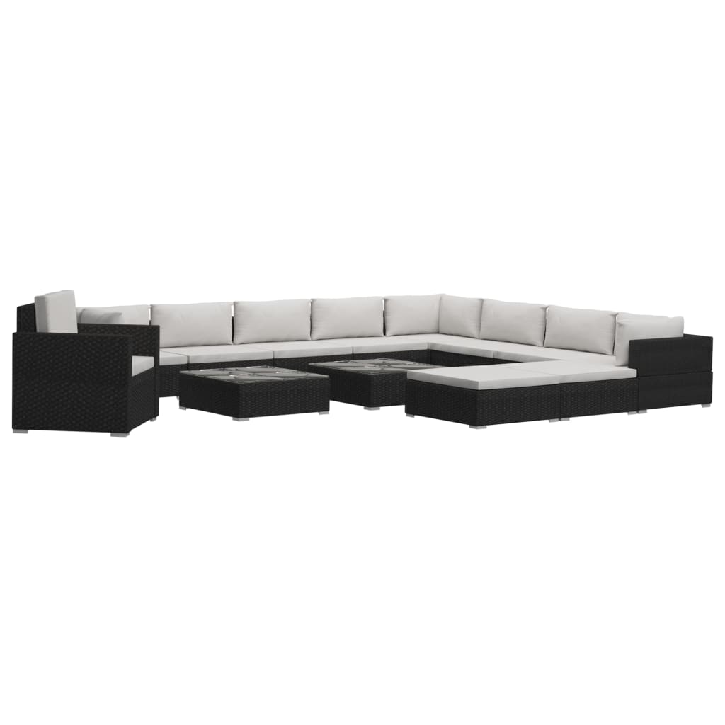 Set mobilier de gradina cu 13 piese cu perne vidaXL, Poliratan, 74 x 74 x 26 cm, Negru/Crem