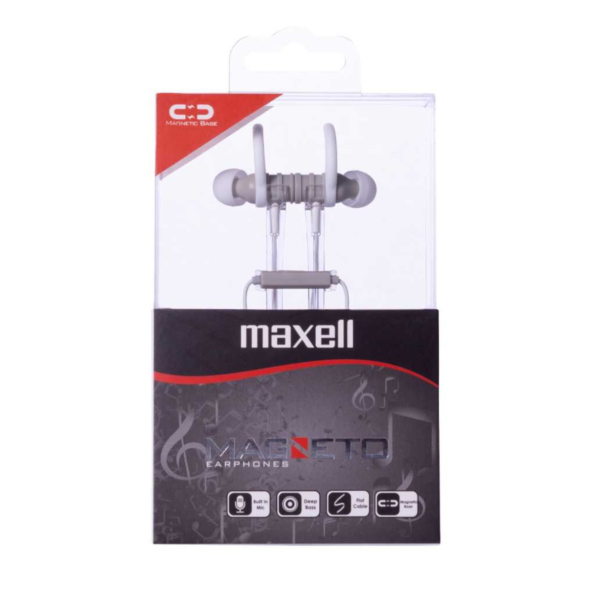 Casti in ear cu microfon, Maxell Magneto, design wing tip cu baza magnetica, jack 3.5mm, cablu plat 125cm, cu suport, albe cu gri Gri