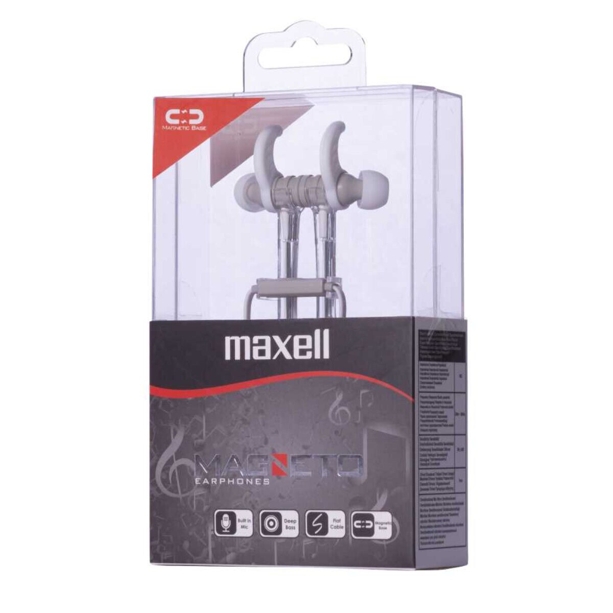 Casti in ear cu microfon, Maxell Magneto, design wing tip cu baza magnetica, jack 3.5mm, cablu plat 125cm, cu suport, albe cu gri Gri