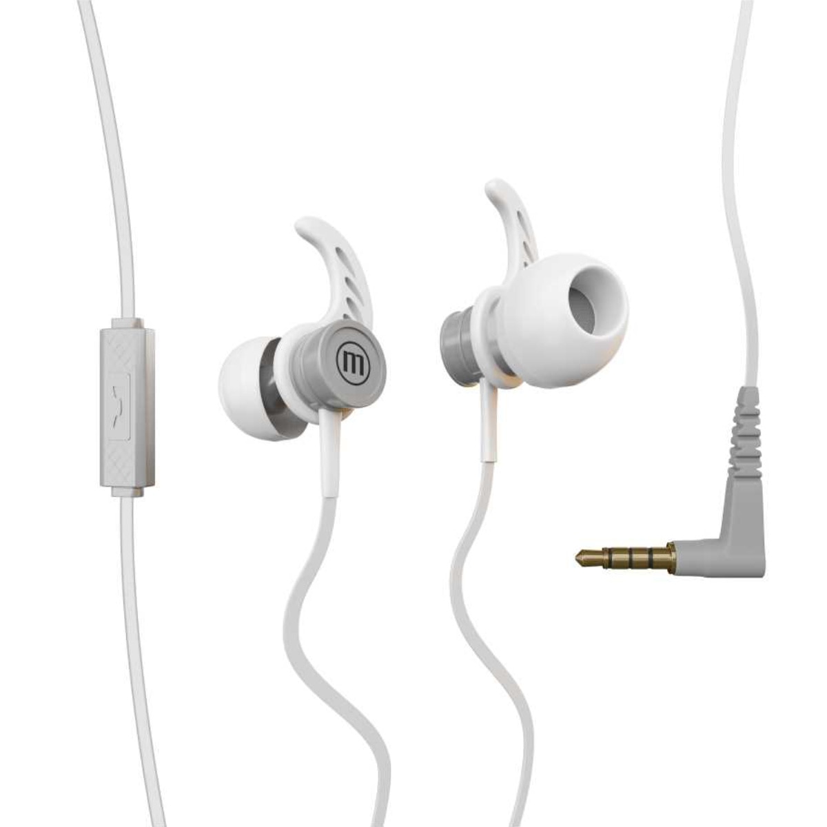Casti in ear cu microfon, Maxell Magneto, design wing tip cu baza magnetica, jack 3.5mm, cablu plat 125cm, cu suport, albe cu gri Gri