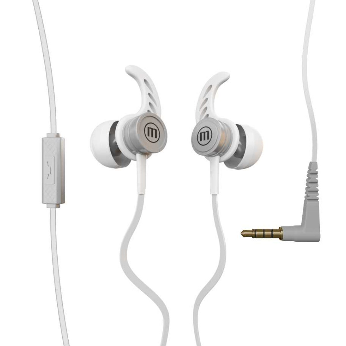 Casti in ear cu microfon, Maxell Magneto, design wing tip cu baza magnetica, jack 3.5mm, cablu plat 125cm, cu suport, albe cu gri Gri