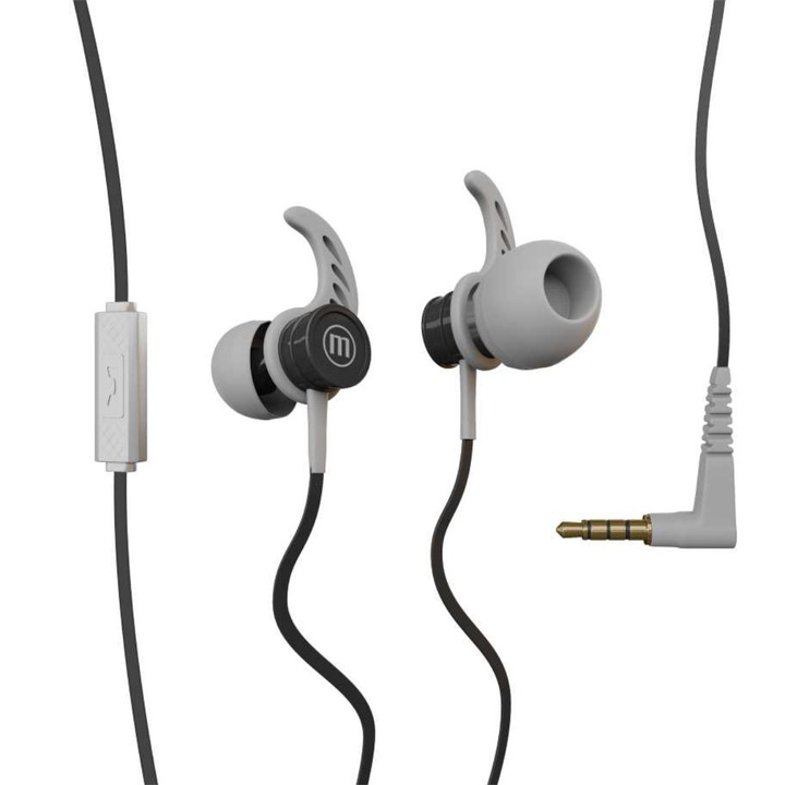 Casti in ear cu microfon, Maxell Magneto, design wing tip cu baza magnetica, jack 3.5mm, cablu plat 125cm, cu suport, negru cu gri Gri