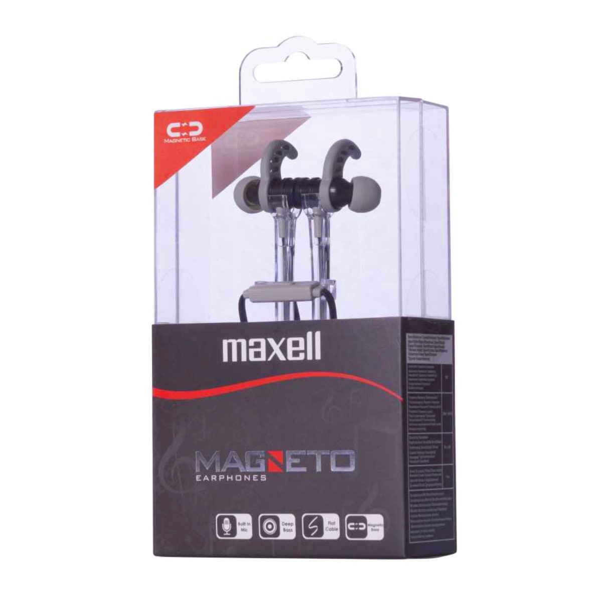 Casti in ear cu microfon, Maxell Magneto, design wing tip cu baza magnetica, jack 3.5mm, cablu plat 125cm, cu suport, negru cu gri Gri