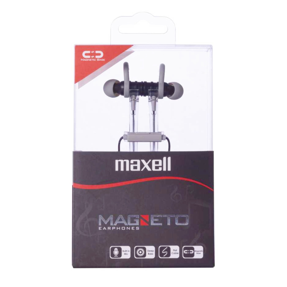 Casti in ear cu microfon, Maxell Magneto, design wing tip cu baza magnetica, jack 3.5mm, cablu plat 125cm, cu suport, negru cu gri Gri