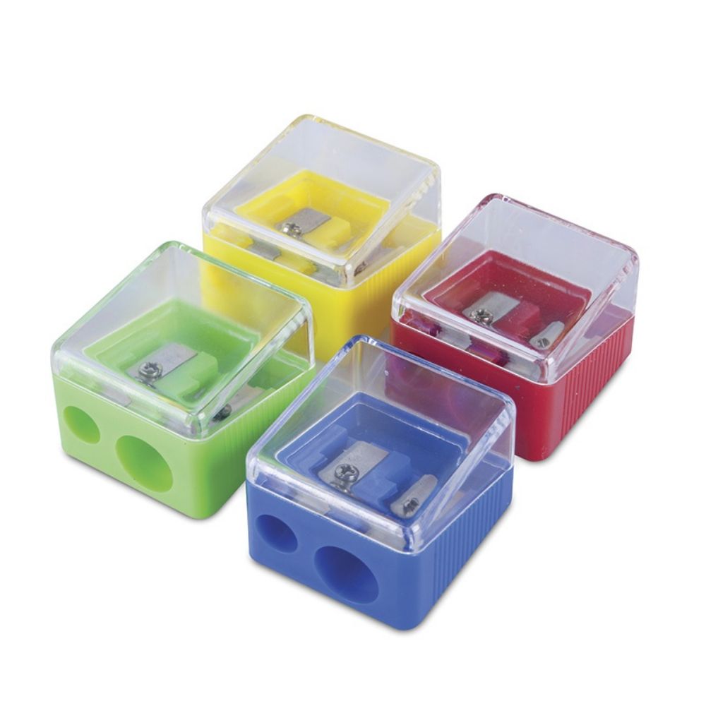 Set 20 Ascutitori din Plastic Dubla cu Container Patrat DONAU, 30x29x42 mm, Diverse Culori