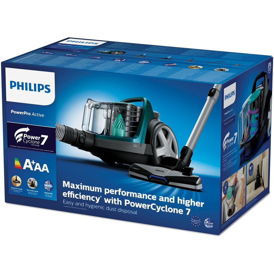 Aspirator fara sac Philips PowerPro Active FC9555/09, 650 W, 1.5 L, filtru anti-alergeni, Verde