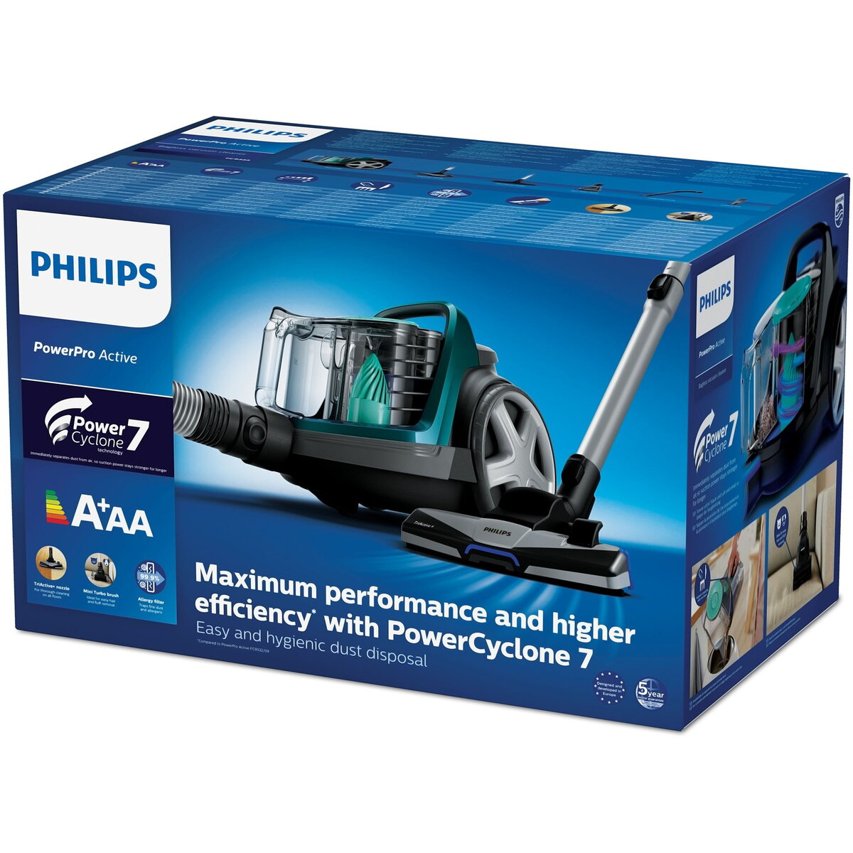 Aspirator fara sac Philips PowerPro Active FC9555/09, 650 W, 1.5 L, filtru anti-alergeni, Verde
