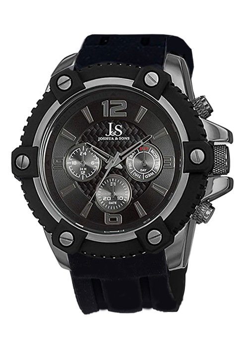 Joshua & Sons férfi többfunkciós karóra JS94BK- 3 órajel, nap, dátum és GMT, szilikon szíjjal, fekete, 16258988, 11-26-723