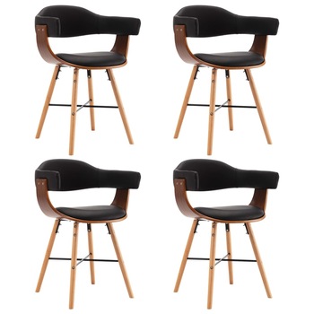 Set 4 scaune bucatarie, vidaXL, Lemn curbat, piele ecologica, 52,5 x 47 x 75,5 cm, Negru