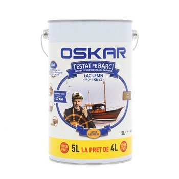 Lac pentru lemn Oskar Yacht 3 in 1, pentru exterior, nuc inchis 5L Lac pentru lemn Oskar Yacht 3 in 1, pentru exterior, nuc inchis 5L