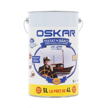 Lac pentru lemn Oskar Yacht 3 in 1, pentru exterior, incolor 5L Lac pentru lemn Oskar Yacht 3 in 1, pentru exterior, incolor 5L
