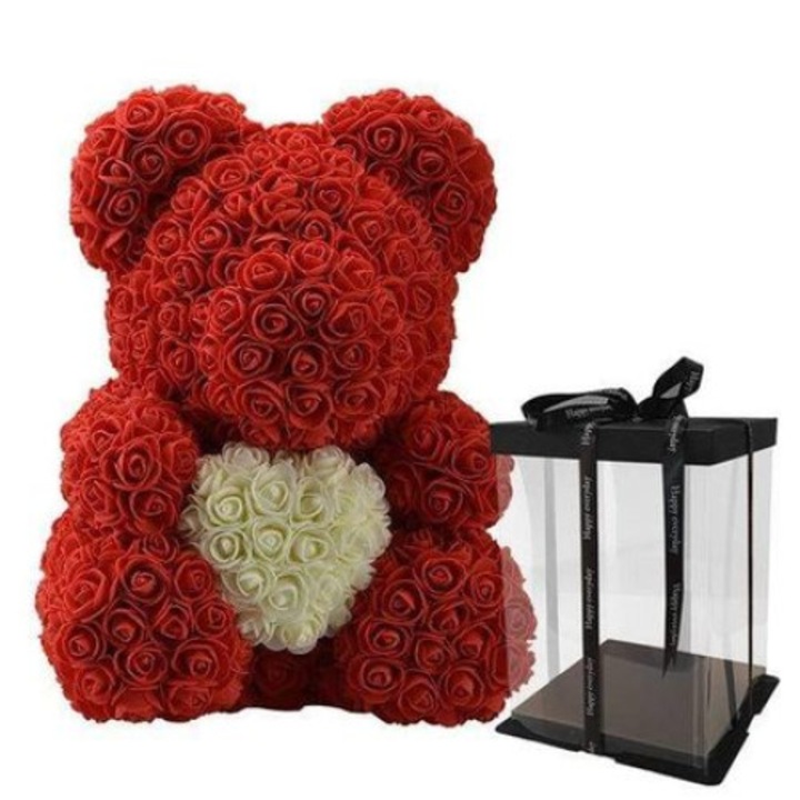 Ursulet floral din Trandafiri de spuma, Decorat Manual, 40cm - Rosu cu inima alba, cutie decorativa inclusa