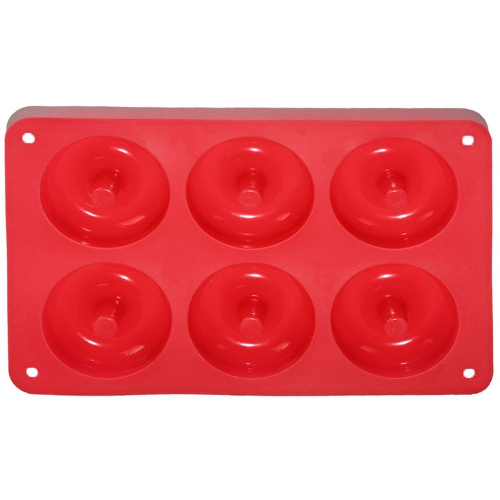 Quasar & Co. sütőforma, szilikon, fánkok számára, 230°C-ig hőálló, 27,5x17,5x3 cm, 7 cm átmérő, piros, 6 darab fánkhoz