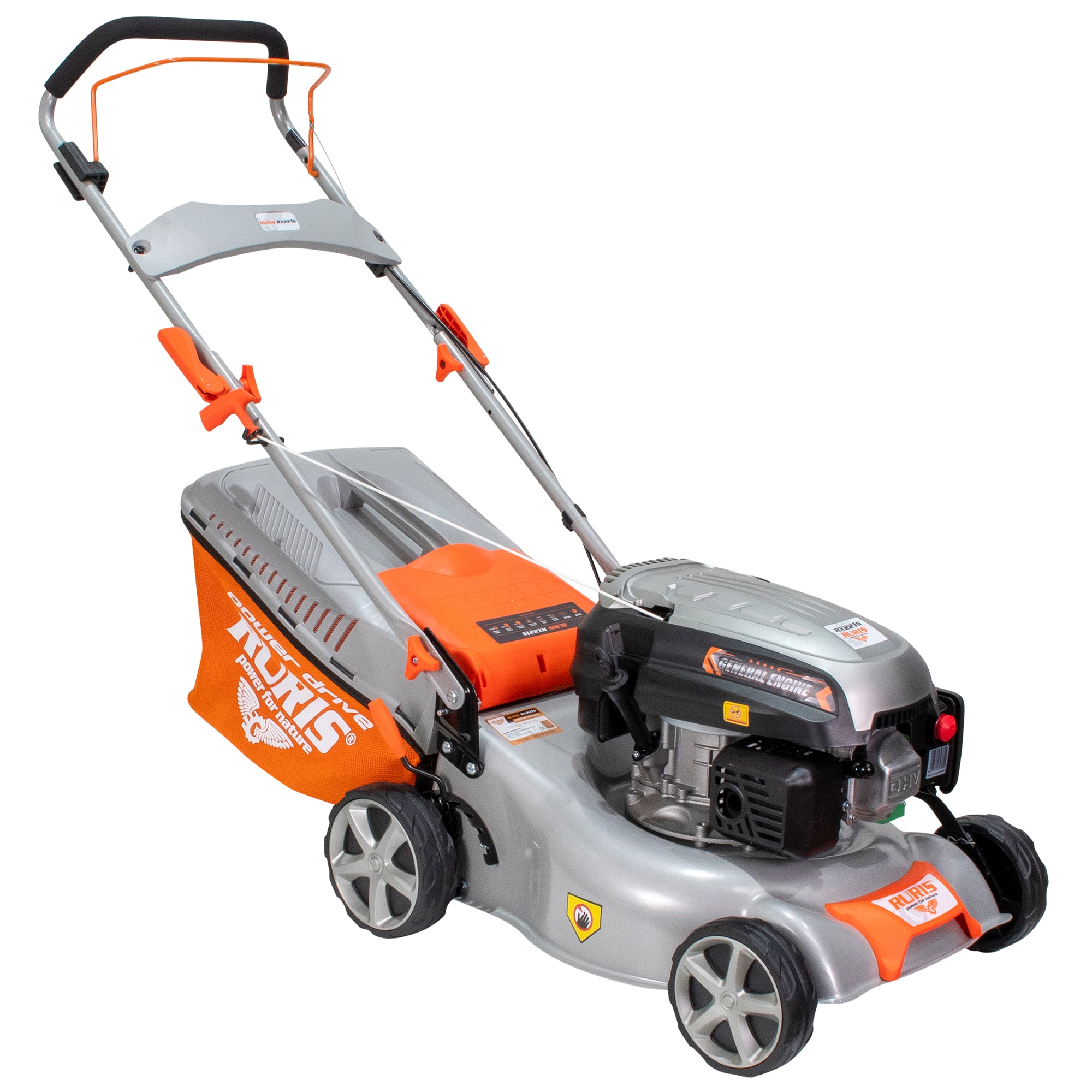 Masina de tuns gazon/iarba pe benzina RURIS RX221S, putere 3.5 CP, 139 CC, 4 timpi, 42 cm latime lucru, 25-75 mm inaltime lucru, carcasa metal, 45 L sac colector, rezervor 1 l